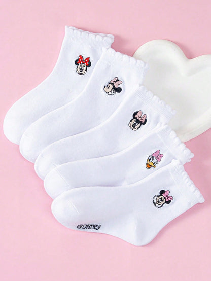 Disney 1/5/10 Pairs Mickey Minnie Daisy Cartoon Embroidered Mid-Calf Socks Set, White Socks, Boys & Girls Casual Socks, Children Socks, Toddler Socks, White Socks, Breathable Non-Slip Comfortable Soft
