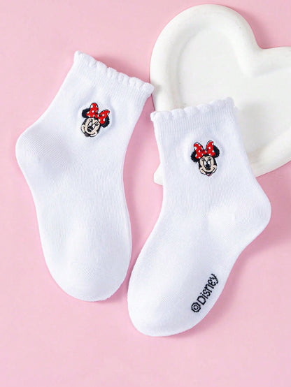 Disney 1/5/10 Pairs Mickey Minnie Daisy Cartoon Embroidered Mid-Calf Socks Set, White Socks, Boys & Girls Casual Socks, Children Socks, Toddler Socks, White Socks, Breathable Non-Slip Comfortable Soft