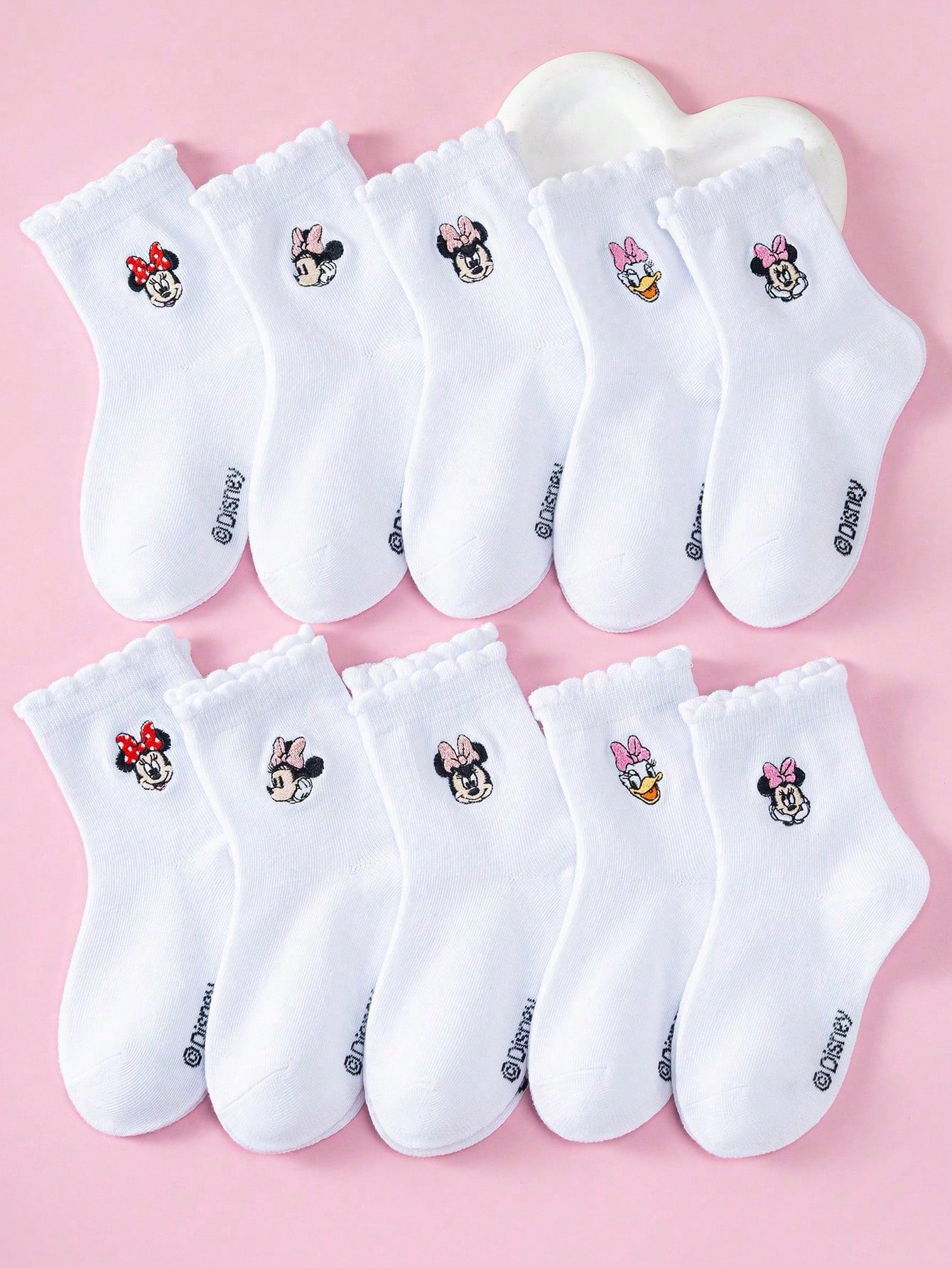 Disney 1/5/10 Pairs Mickey Minnie Daisy Cartoon Embroidered Mid-Calf Socks Set, White Socks, Boys & Girls Casual Socks, Children Socks, Toddler Socks, White Socks, Breathable Non-Slip Comfortable Soft