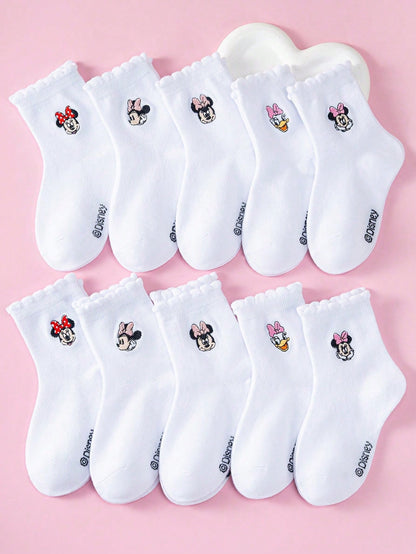 Disney 1/5/10 Pairs Mickey Minnie Daisy Cartoon Embroidered Mid-Calf Socks Set, White Socks, Boys & Girls Casual Socks, Children Socks, Toddler Socks, White Socks, Breathable Non-Slip Comfortable Soft
