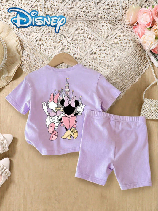 Disney 2pcs Baby Girls Minnie And Daisy Print Short Sleeve T-Shirt And Elastic Waist Solid Color Shorts Set, Casual Summer Outfit For Baby Girls, Soft, Comfortable, Fashionable, Cute, Suitable For Dai