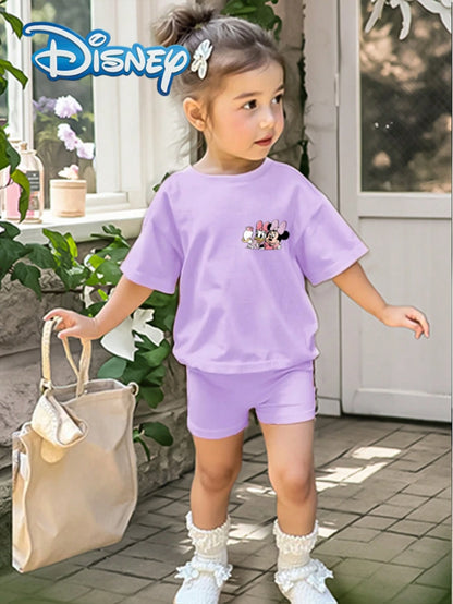 Disney 2pcs Baby Girls Minnie And Daisy Print Short Sleeve T-Shirt And Elastic Waist Solid Color Shorts Set, Casual Summer Outfit For Baby Girls, Soft, Comfortable, Fashionable, Cute, Suitable For Dai