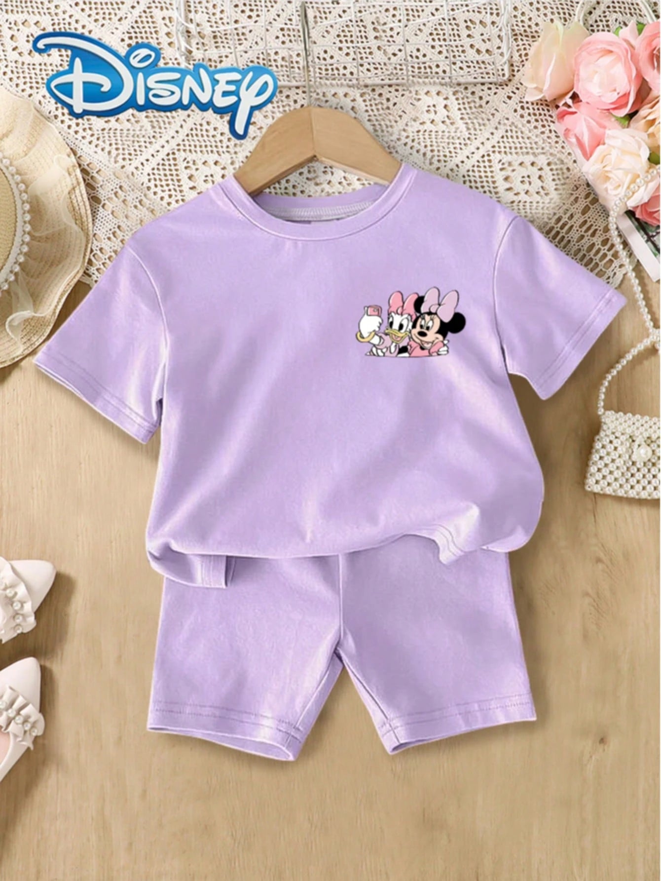 Disney 2pcs Baby Girls Minnie And Daisy Print Short Sleeve T-Shirt And Elastic Waist Solid Color Shorts Set, Casual Summer Outfit For Baby Girls, Soft, Comfortable, Fashionable, Cute, Suitable For Dai