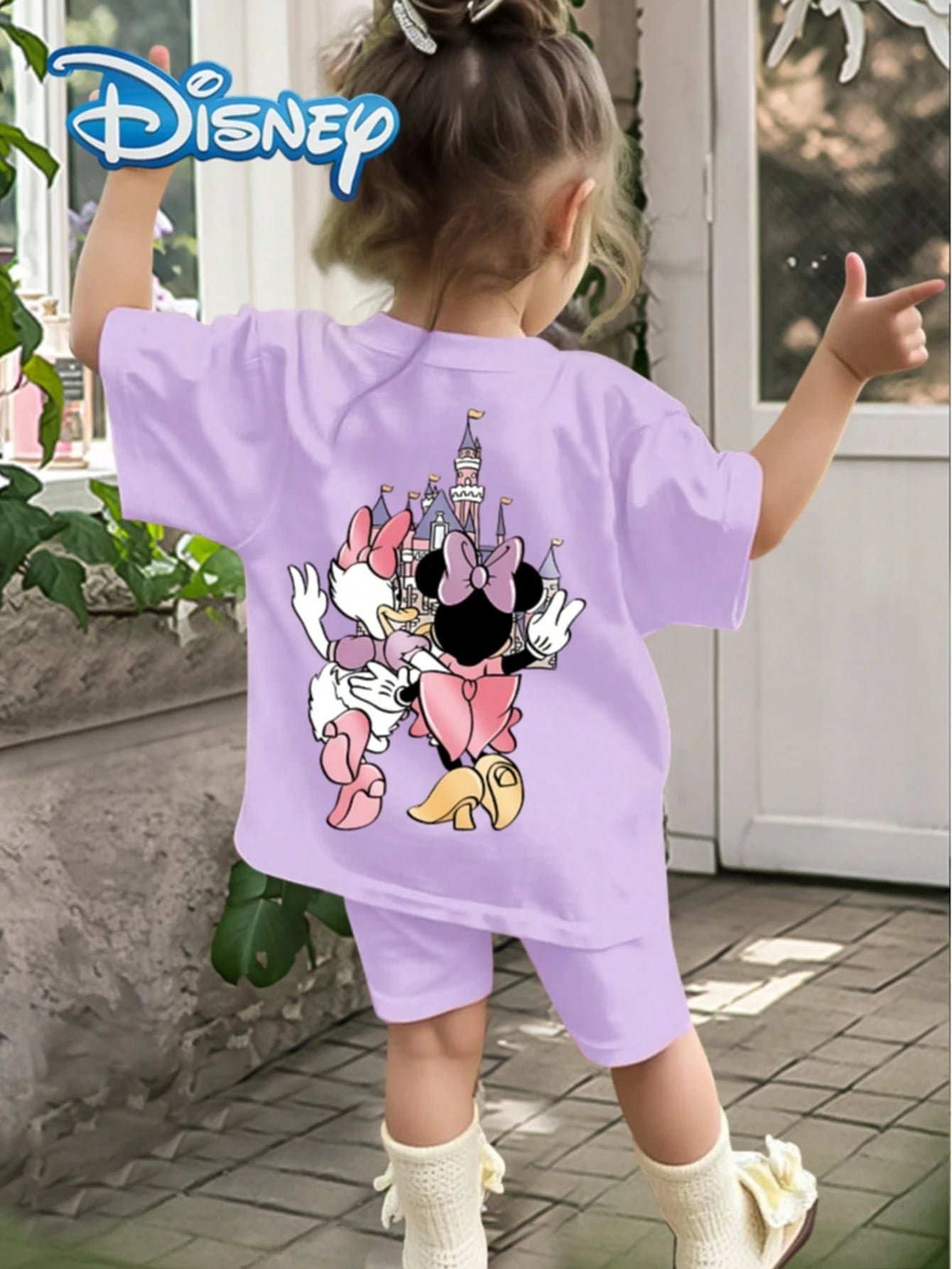 Disney 2pcs Baby Girls Minnie And Daisy Print Short Sleeve T-Shirt And Elastic Waist Solid Color Shorts Set, Casual Summer Outfit For Baby Girls, Soft, Comfortable, Fashionable, Cute, Suitable For Dai
