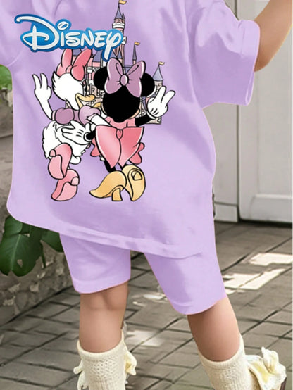Disney 2pcs Baby Girls Minnie And Daisy Print Short Sleeve T-Shirt And Elastic Waist Solid Color Shorts Set, Casual Summer Outfit For Baby Girls, Soft, Comfortable, Fashionable, Cute, Suitable For Dai