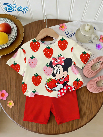 Disney Baby Girls' Strawberry Print Short Sleeve T-Shirt And Shorts Set, Solid Red Elastic Waist Shorts