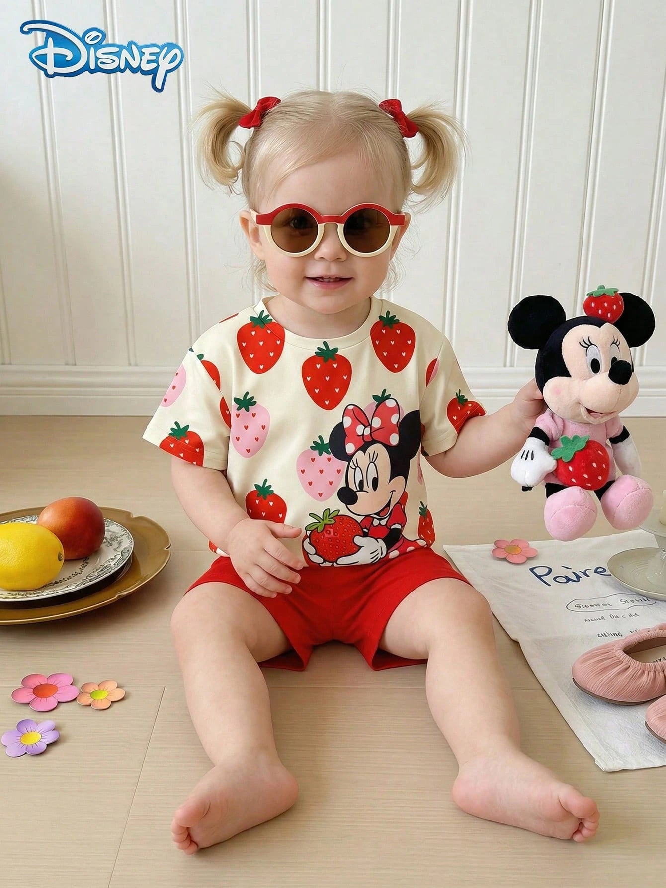 Disney Baby Girls' Strawberry Print Short Sleeve T-Shirt And Shorts Set, Solid Red Elastic Waist Shorts