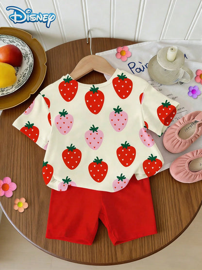 Disney Baby Girls' Strawberry Print Short Sleeve T-Shirt And Shorts Set, Solid Red Elastic Waist Shorts