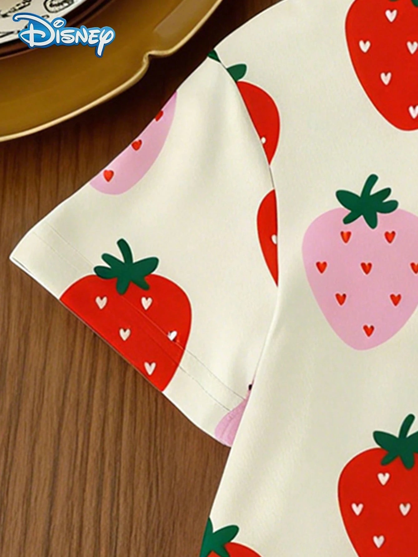 Disney Baby Girls' Strawberry Print Short Sleeve T-Shirt And Shorts Set, Solid Red Elastic Waist Shorts