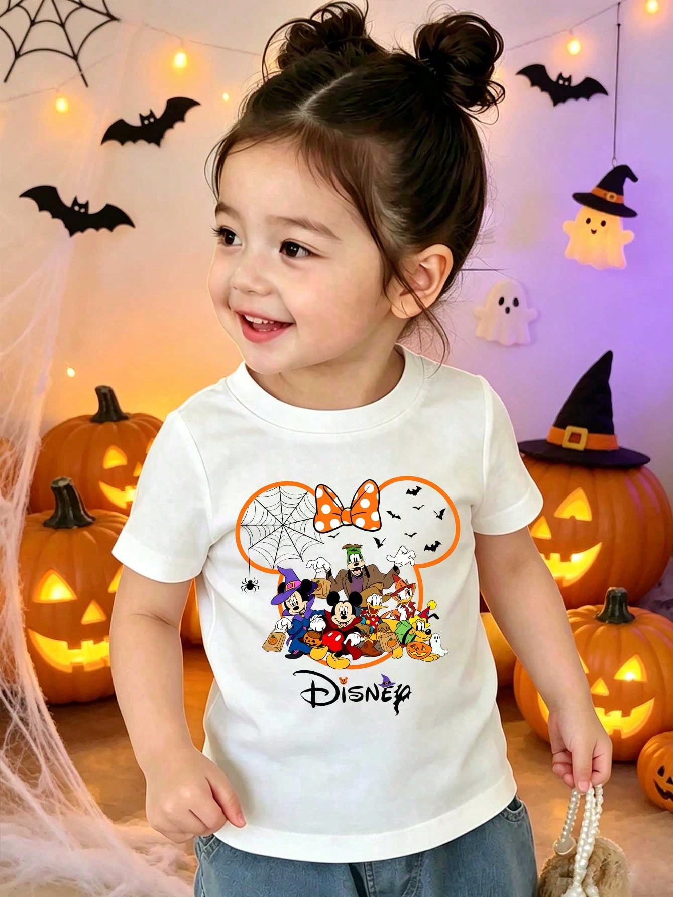 Disney Kids Halloween Group Cartoon Tee, Spider Web Bat Pumpkin Ear Frame White Short Sleeve Top