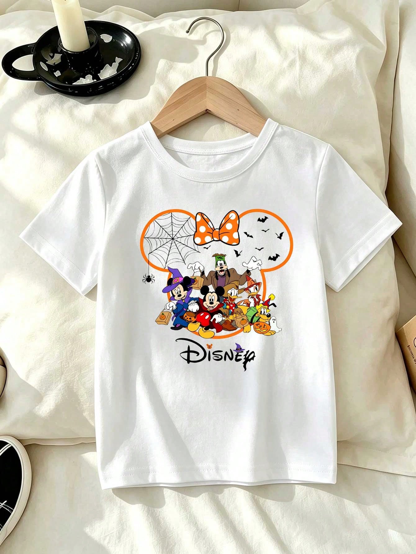 Disney Kids Halloween Group Cartoon Tee, Spider Web Bat Pumpkin Ear Frame White Short Sleeve Top
