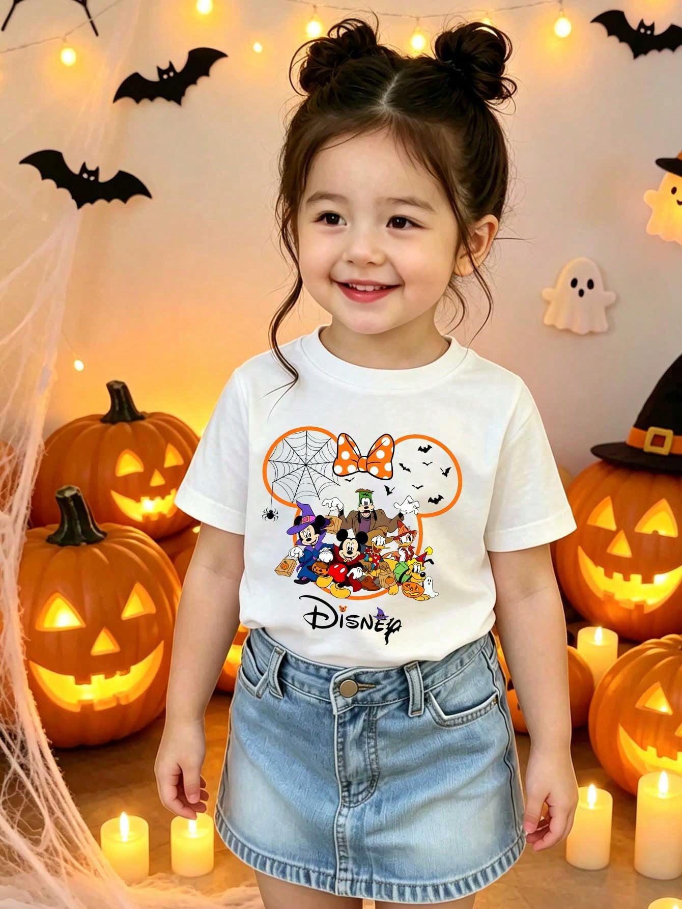 Disney Kids Halloween Group Cartoon Tee, Spider Web Bat Pumpkin Ear Frame White Short Sleeve Top