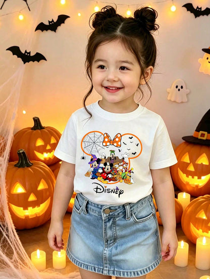 Disney Kids Halloween Group Cartoon Tee, Spider Web Bat Pumpkin Ear Frame White Short Sleeve Top