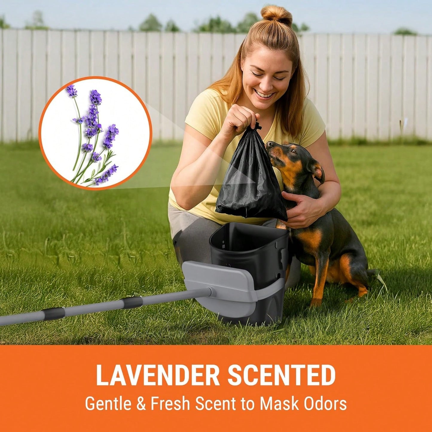 Dog Pooper Scooper With Bag Attachment, 40" Long Handle Pooper Scooper For Large Dogs, Ideal For Yard Cleanup, Large Capacity Swivel Bin & Rake, Lavender Scented Waste Bags (Black)