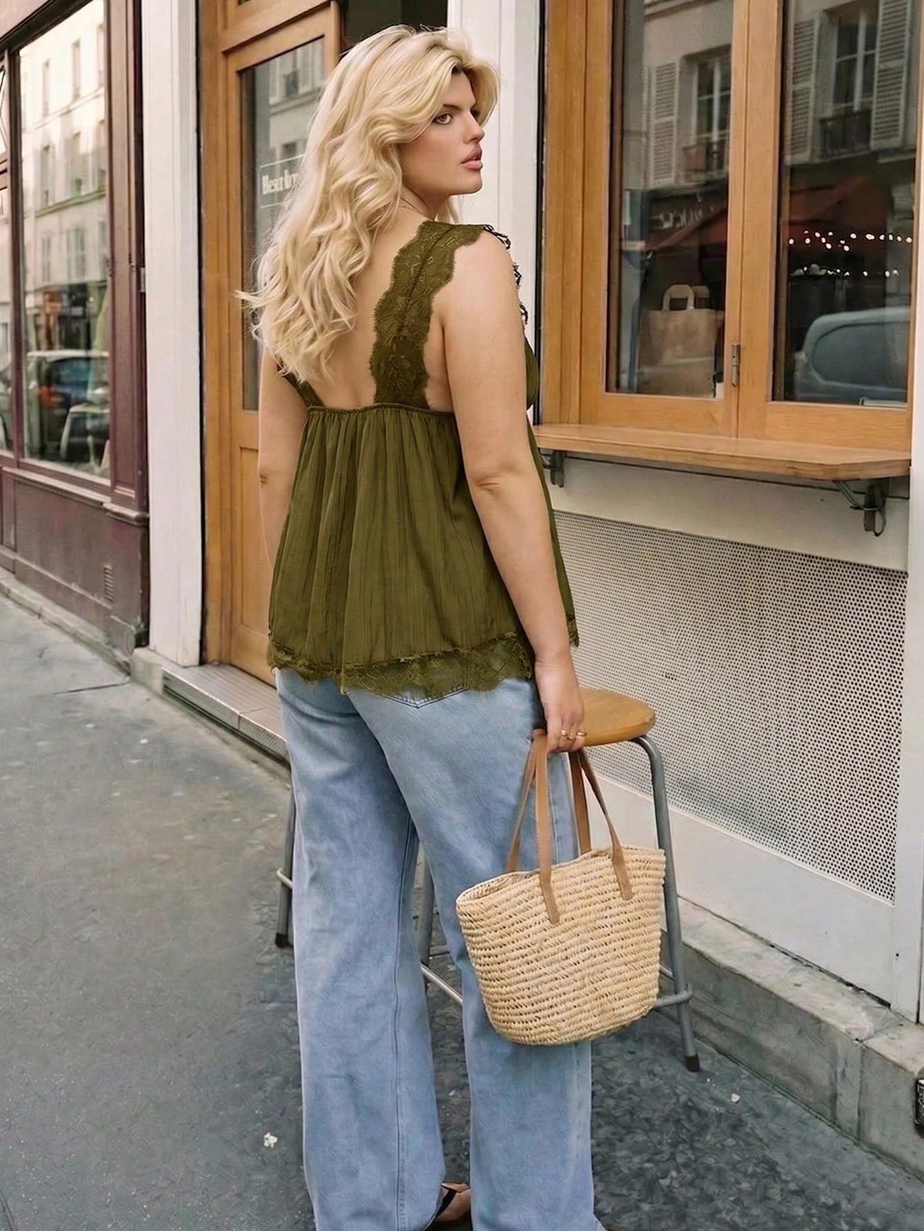 Dripcurv Plus-Size Women's Summer Olive Green Lace-Trimmed Top, Casual Formal Elegant Boho Vacation Loose A-Line Silhouette. Date Night Office Birthday Evening