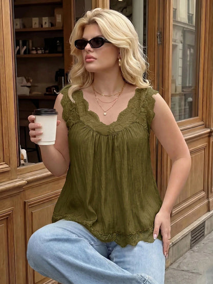 Dripcurv Plus-Size Women's Summer Olive Green Lace-Trimmed Top, Casual Formal Elegant Boho Vacation Loose A-Line Silhouette. Date Night Office Birthday Evening