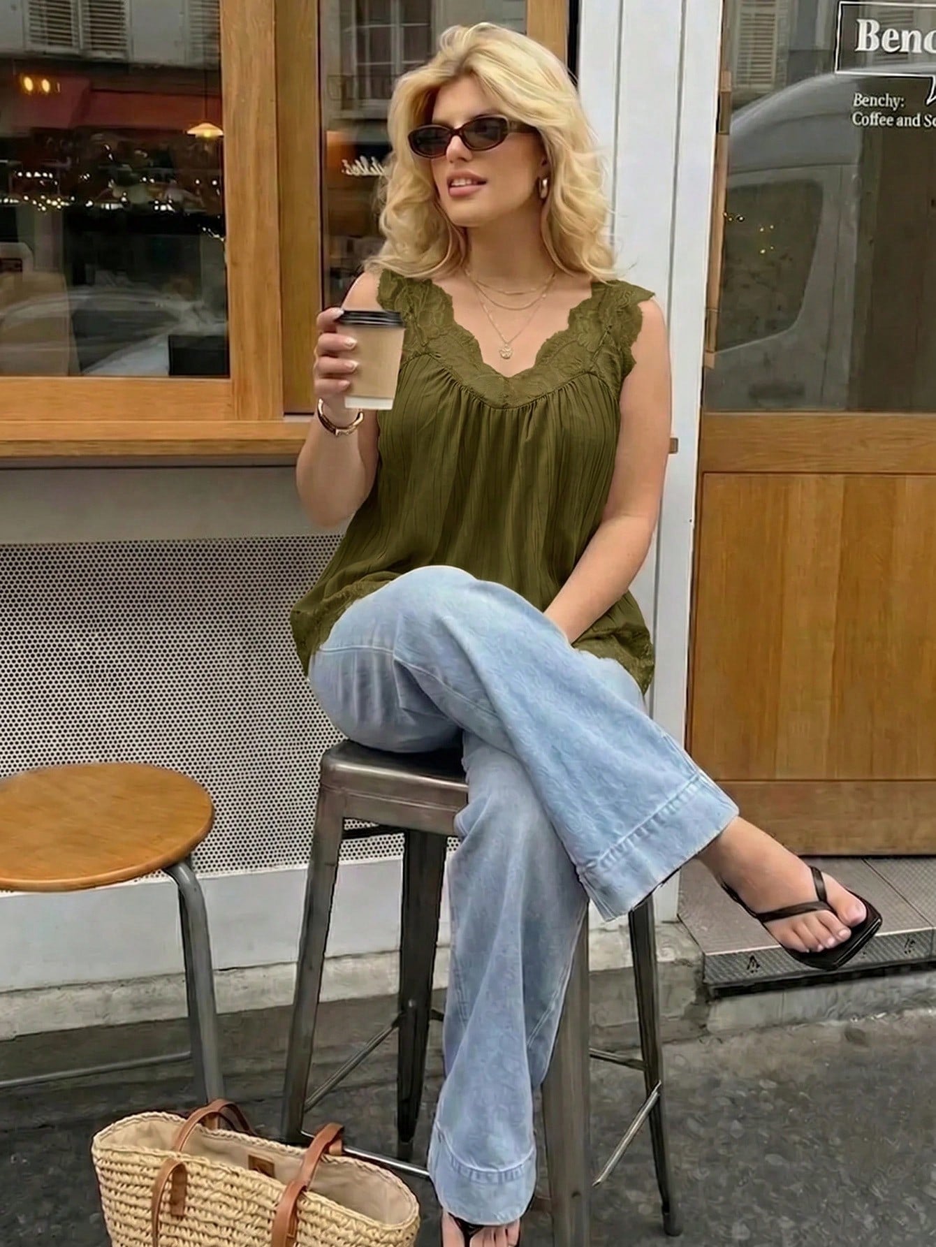 Dripcurv Plus-Size Women's Summer Olive Green Lace-Trimmed Top, Casual Formal Elegant Boho Vacation Loose A-Line Silhouette. Date Night Office Birthday Evening