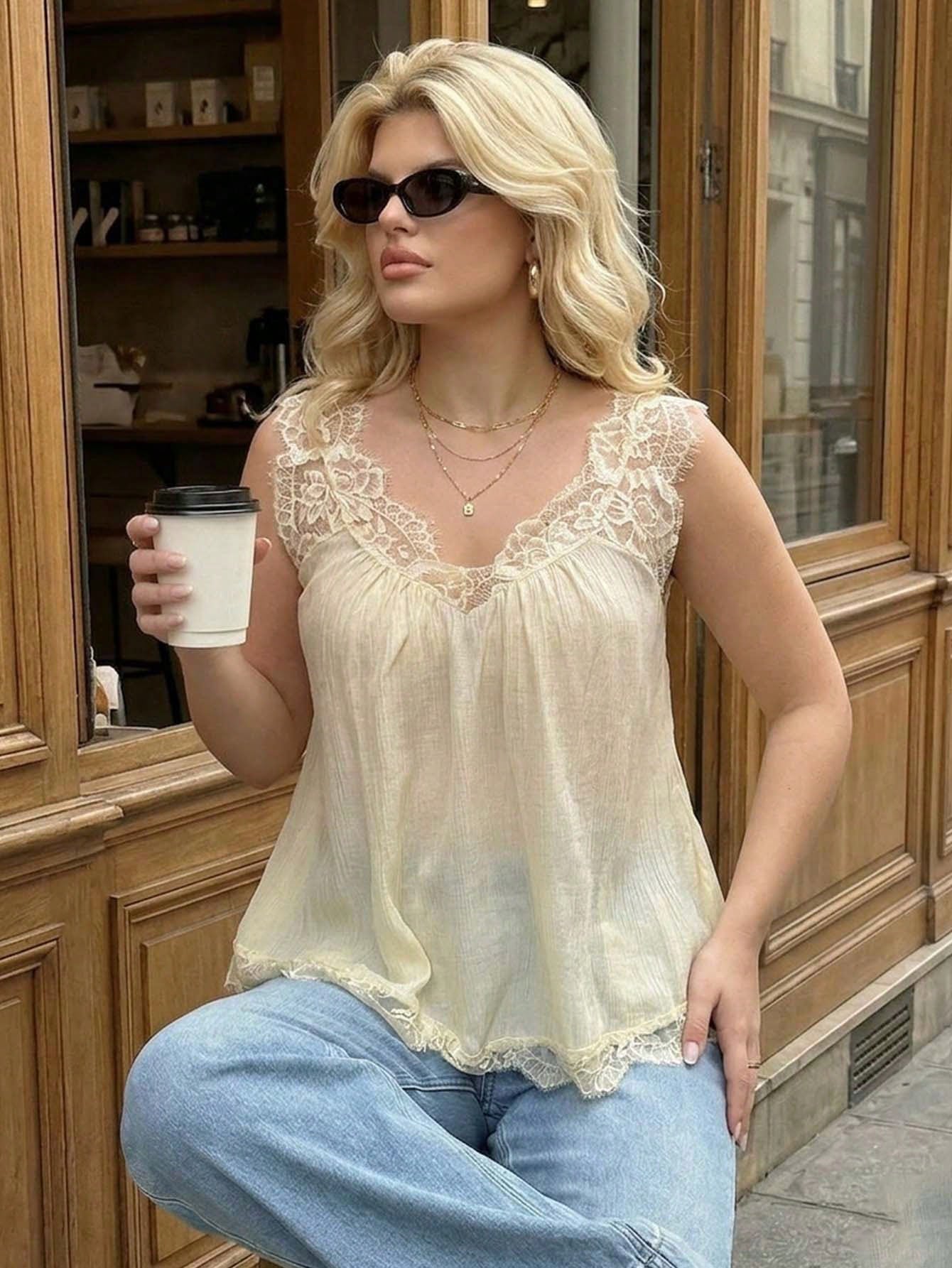 Dripcurv Plus-Size Women's Summer Olive Green Lace-Trimmed Top, Casual Formal Elegant Boho Vacation Loose A-Line Silhouette. Date Night Office Birthday Evening
