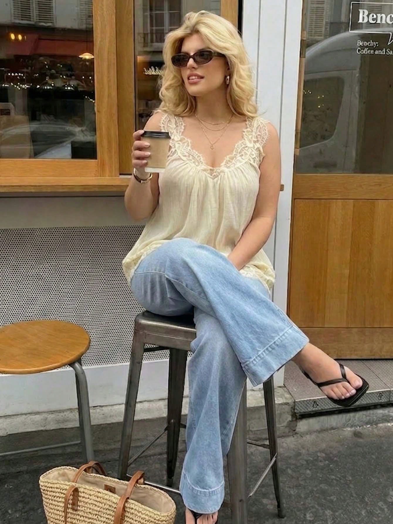 Dripcurv Plus-Size Women's Summer Olive Green Lace-Trimmed Top, Casual Formal Elegant Boho Vacation Loose A-Line Silhouette. Date Night Office Birthday Evening