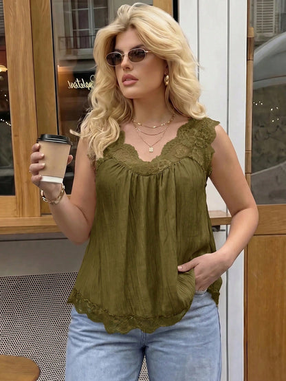 Dripcurv Plus-Size Women's Summer Olive Green Lace-Trimmed Top, Casual Formal Elegant Boho Vacation Loose A-Line Silhouette. Date Night Office Birthday Evening
