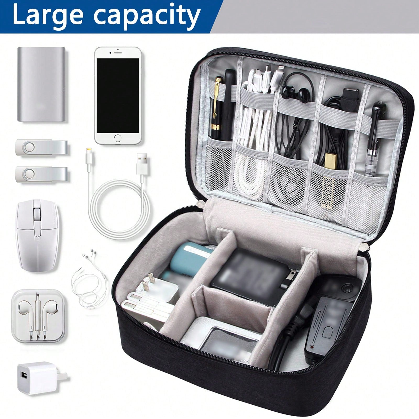 Dual Compartment Electronic Organizer Travel Case, Shockproof Oxford Cable Storage Bag With Adjustable Dividers, Portable Carry Pouch For Chargers