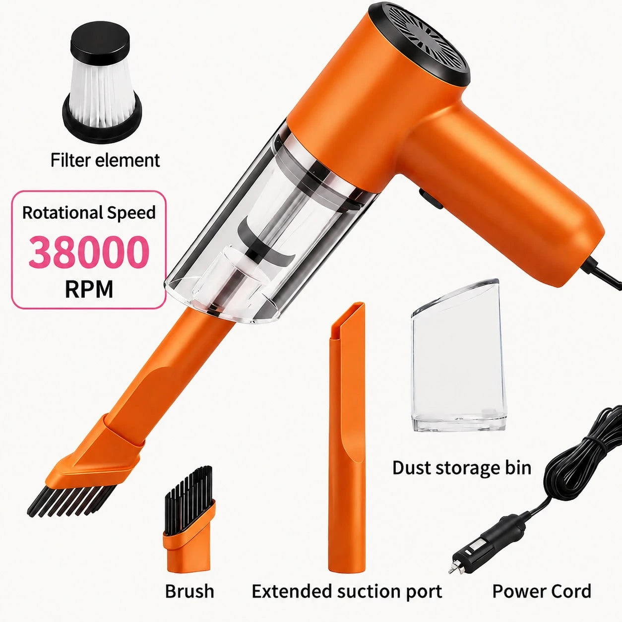 DZDSZQGST 12 Volt Portable Handheld Car Vacuum Cleaner- Powerful, Wired Design For Easy Removal Of Dust And Pet Hair- Comes With Accessories Kit- Silent Operation,Speed 38000rpm