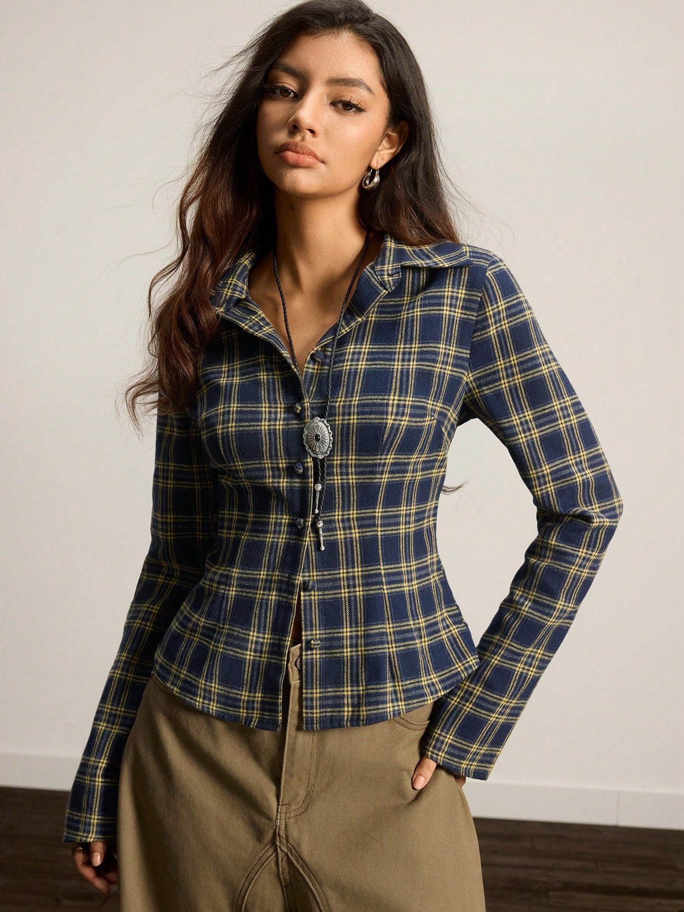 Easelle Vintage Casual Retro Navy Blue Woven Women's Plaid Long Sleeve Single-Breasted Casual Shirt Spring And Autumn Chic Blouses For Women