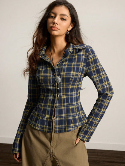 Easelle Vintage Casual Retro Navy Blue Woven Women's Plaid Long Sleeve Single-Breasted Casual Shirt Spring And Autumn Chic Blouses For Women