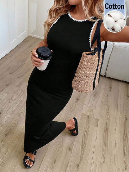 Easowa Black And White Checkered,Summer,Chic,Brunch Women's Sleeveless Cotton Midi Dress,Round Neck Waist Fitted Contrast Embroidered Hem Side Slit Casual