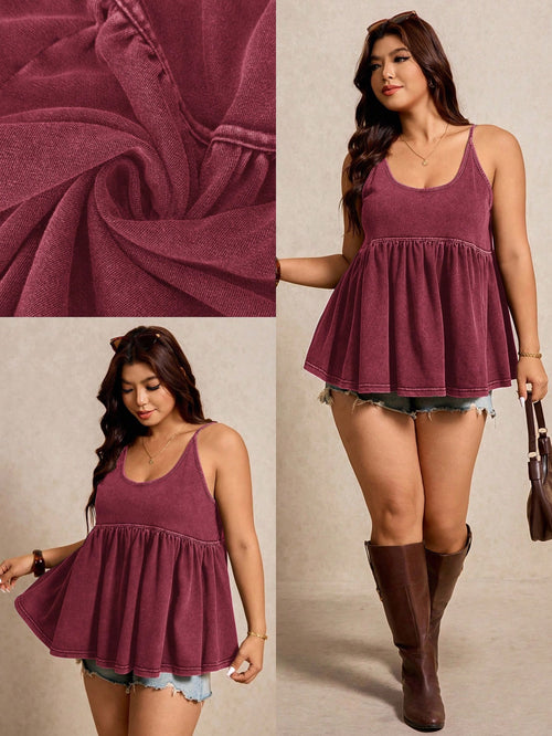 Elaquor Plus Size Solid Color Spaghetti Strap Ruffle Camisole Beach Vacation Burgundy Summer Boho