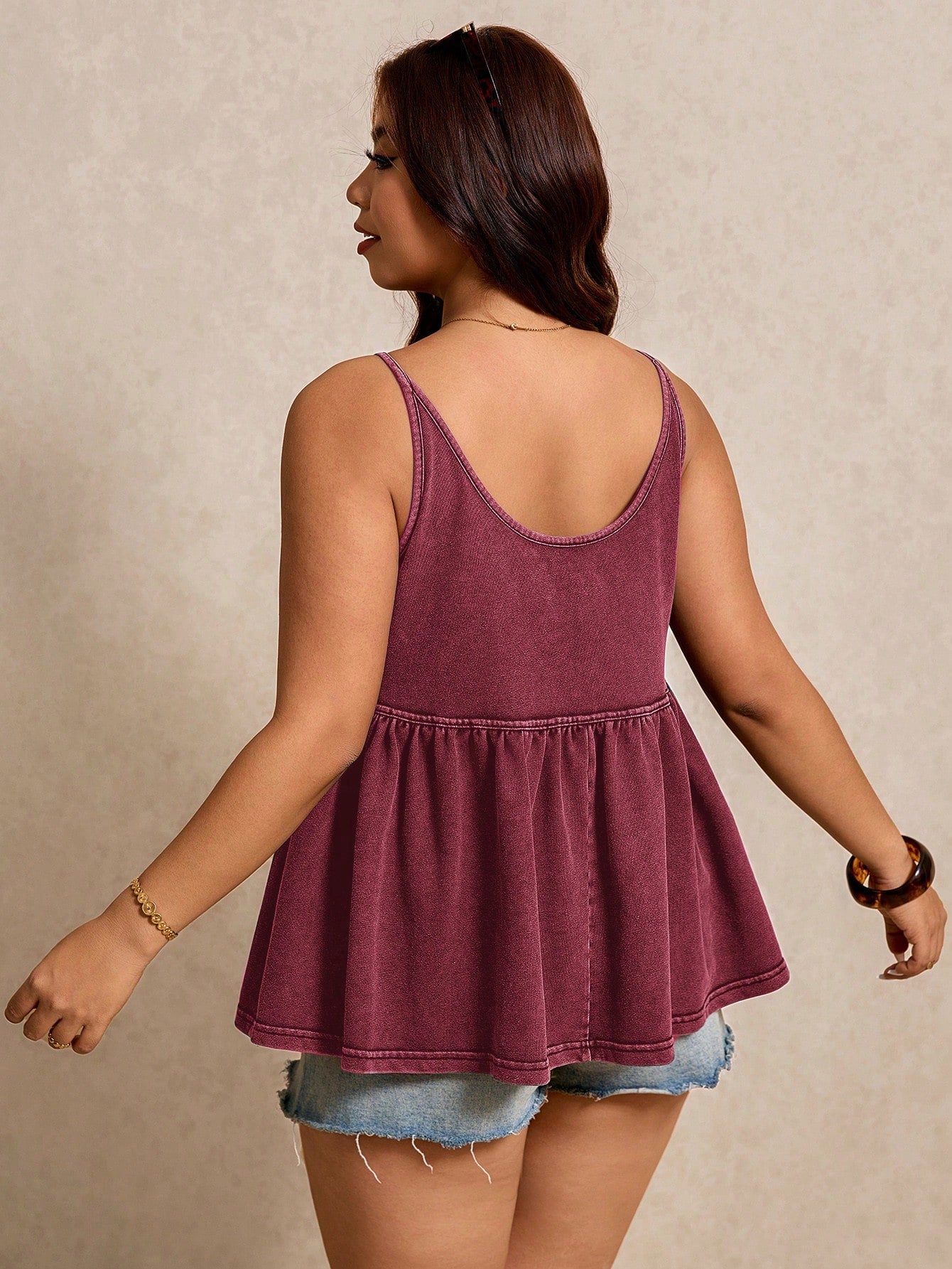 Elaquor Plus Size Solid Color Spaghetti Strap Ruffle Camisole Beach Vacation Burgundy Summer Boho