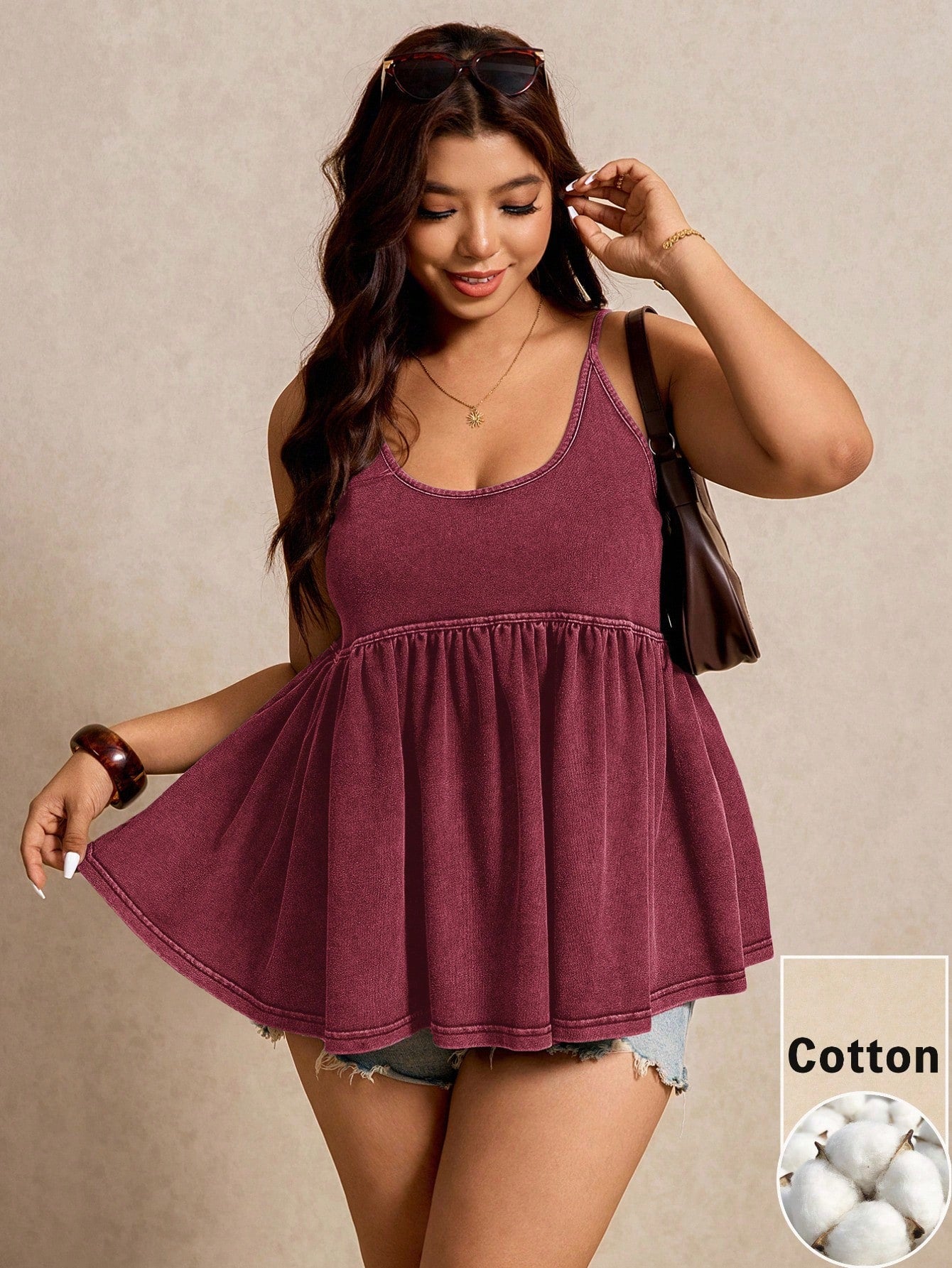 Elaquor Plus Size Solid Color Spaghetti Strap Ruffle Camisole Beach Vacation Burgundy Summer Boho