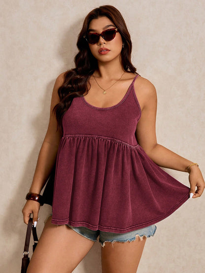 Elaquor Plus Size Solid Color Spaghetti Strap Ruffle Camisole Beach Vacation Burgundy Summer Boho
