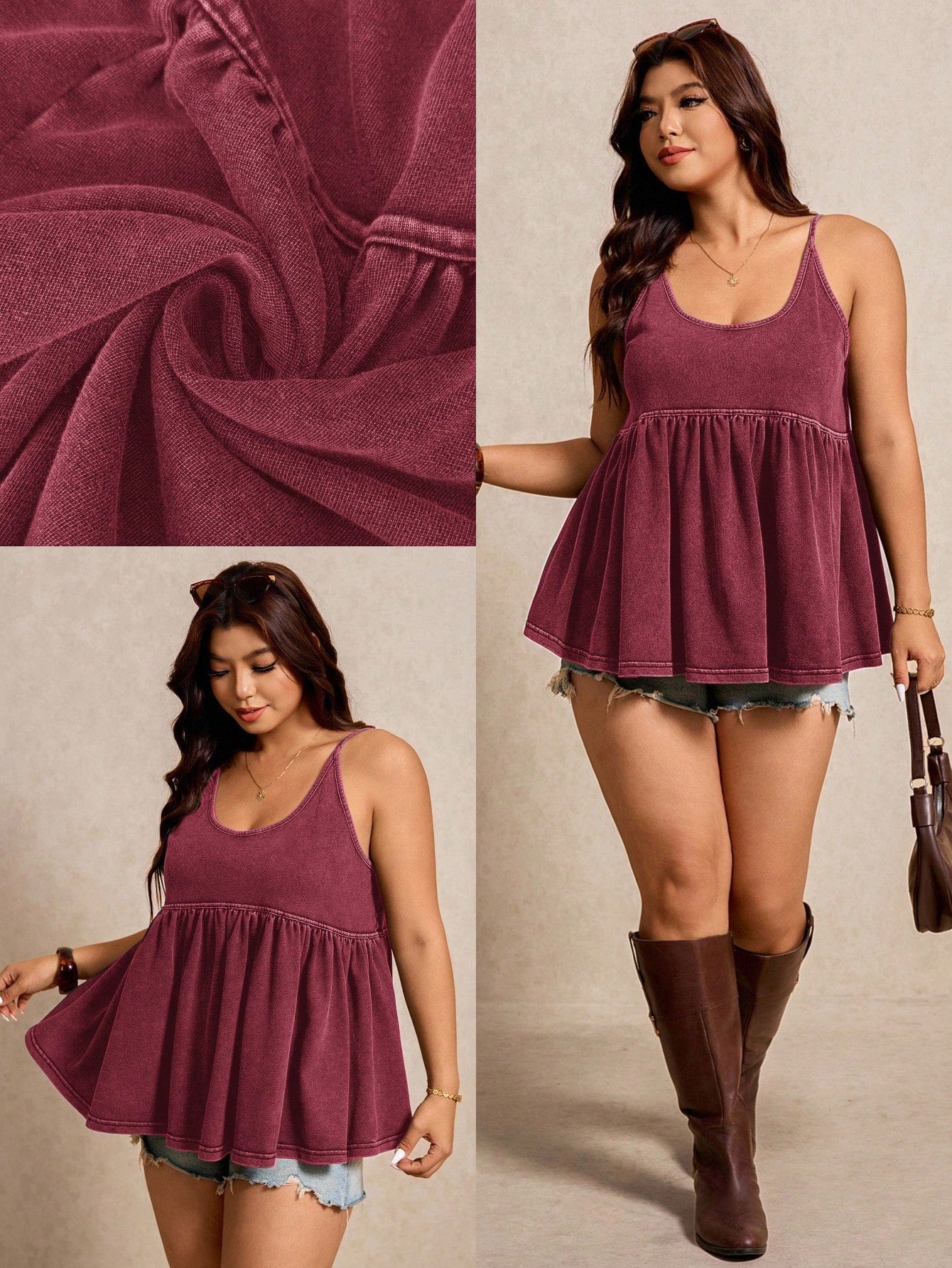 Elaquor Plus Size Solid Color Spaghetti Strap Ruffle Camisole Beach Vacation Burgundy Summer Boho