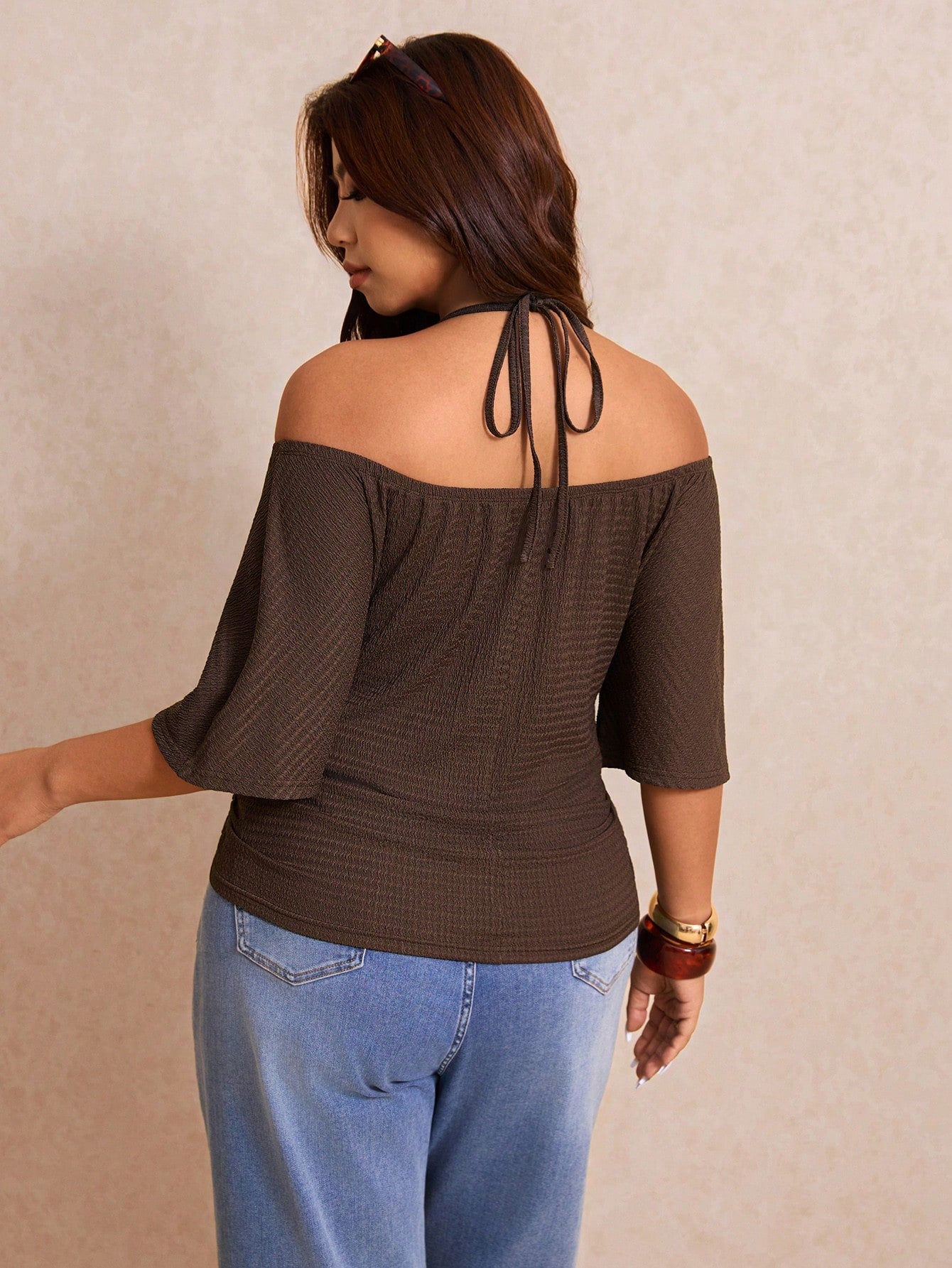 Elaquor Plus Size Women's Off Shoulder Brown T-Shirt With Beaded Tie Design Casual Sexy Daily Bussines Vacation Going Out Date Night Formal Summer