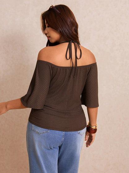 Elaquor Plus Size Women's Off Shoulder Brown T-Shirt With Beaded Tie Design Casual Sexy Daily Bussines Vacation Going Out Date Night Formal Summer