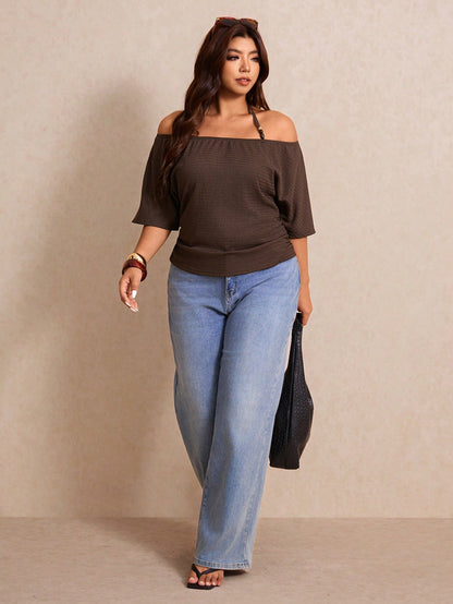 Elaquor Plus Size Women's Off Shoulder Brown T-Shirt With Beaded Tie Design Casual Sexy Daily Bussines Vacation Going Out Date Night Formal Summer
