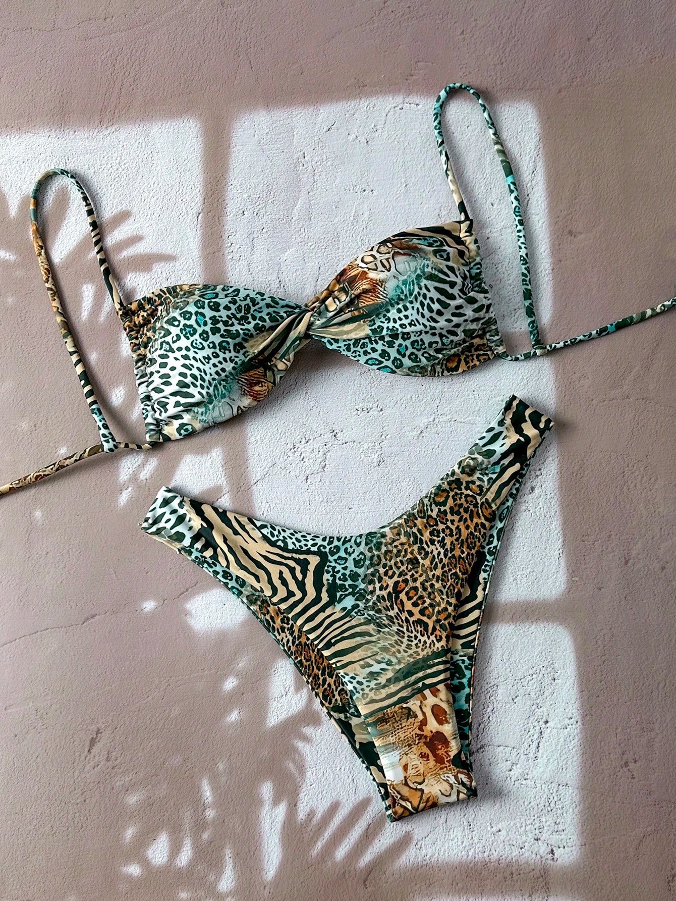 Elavelle 1pc Women's Printed Animal Pattern Patchwork Bandeau Bikini Set For Summer Beach