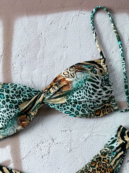 Elavelle 1pc Women's Printed Animal Pattern Patchwork Bandeau Bikini Set For Summer Beach
