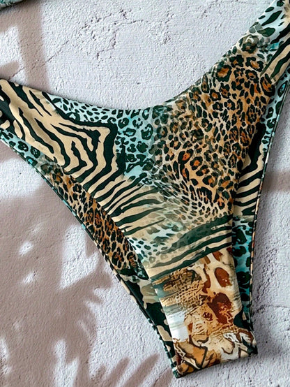 Elavelle 1pc Women's Printed Animal Pattern Patchwork Bandeau Bikini Set For Summer Beach