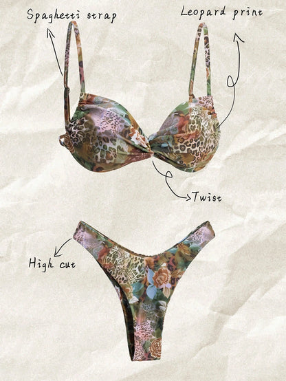 Elavelle 1pc Women's Printed Animal Pattern Patchwork Bandeau Bikini Set For Summer Beach