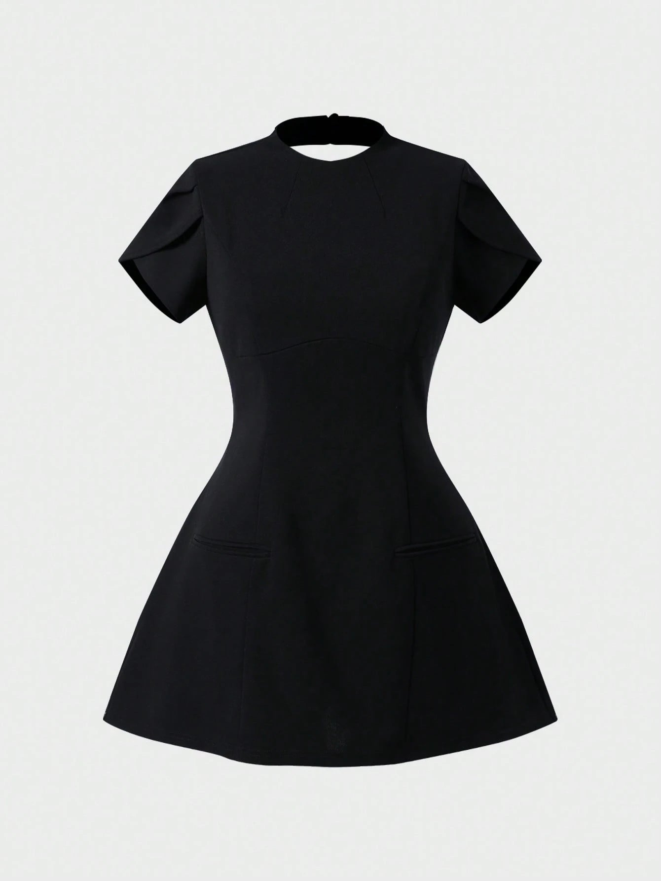 Elegant Cute Basic Business Commute Cinched Waist Back Flare Sleeve Midi Dress Black Summer