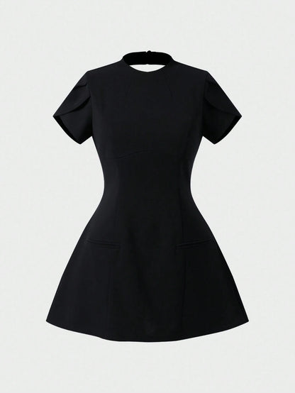 Elegant Cute Basic Business Commute Cinched Waist Back Flare Sleeve Midi Dress Black Summer