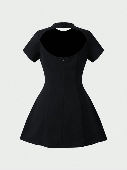 Elegant Cute Basic Business Commute Cinched Waist Back Flare Sleeve Midi Dress Black Summer