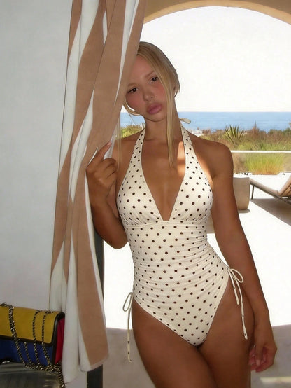 Elegant Sexy Brown Polka Dot V-Neck One-Piece Swimsuit, White, Casual Spring/Summer Beach Resort Pool Party Fashionable Swimwear Vacation