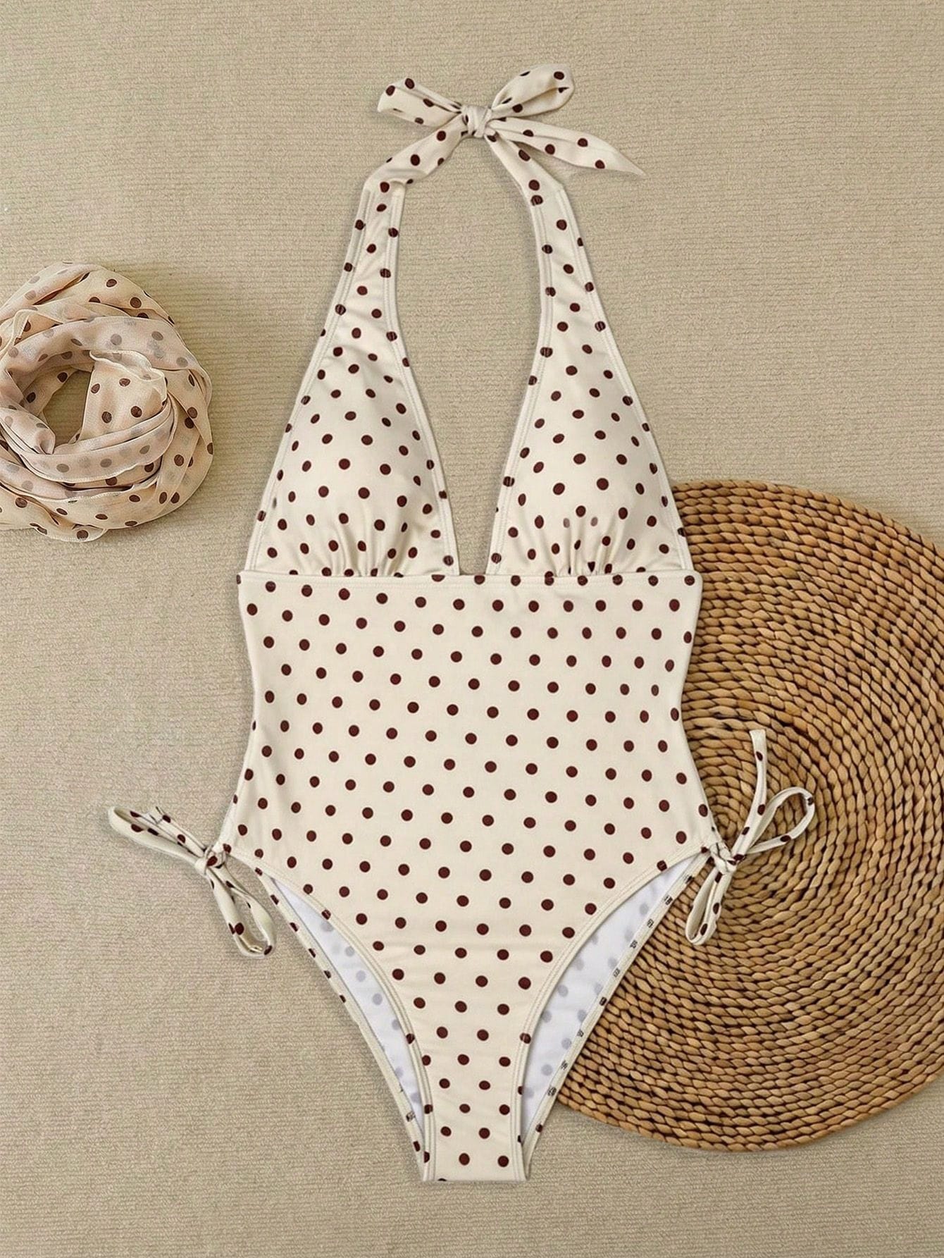 Elegant Sexy Brown Polka Dot V-Neck One-Piece Swimsuit, White, Casual Spring/Summer Beach Resort Pool Party Fashionable Swimwear Vacation