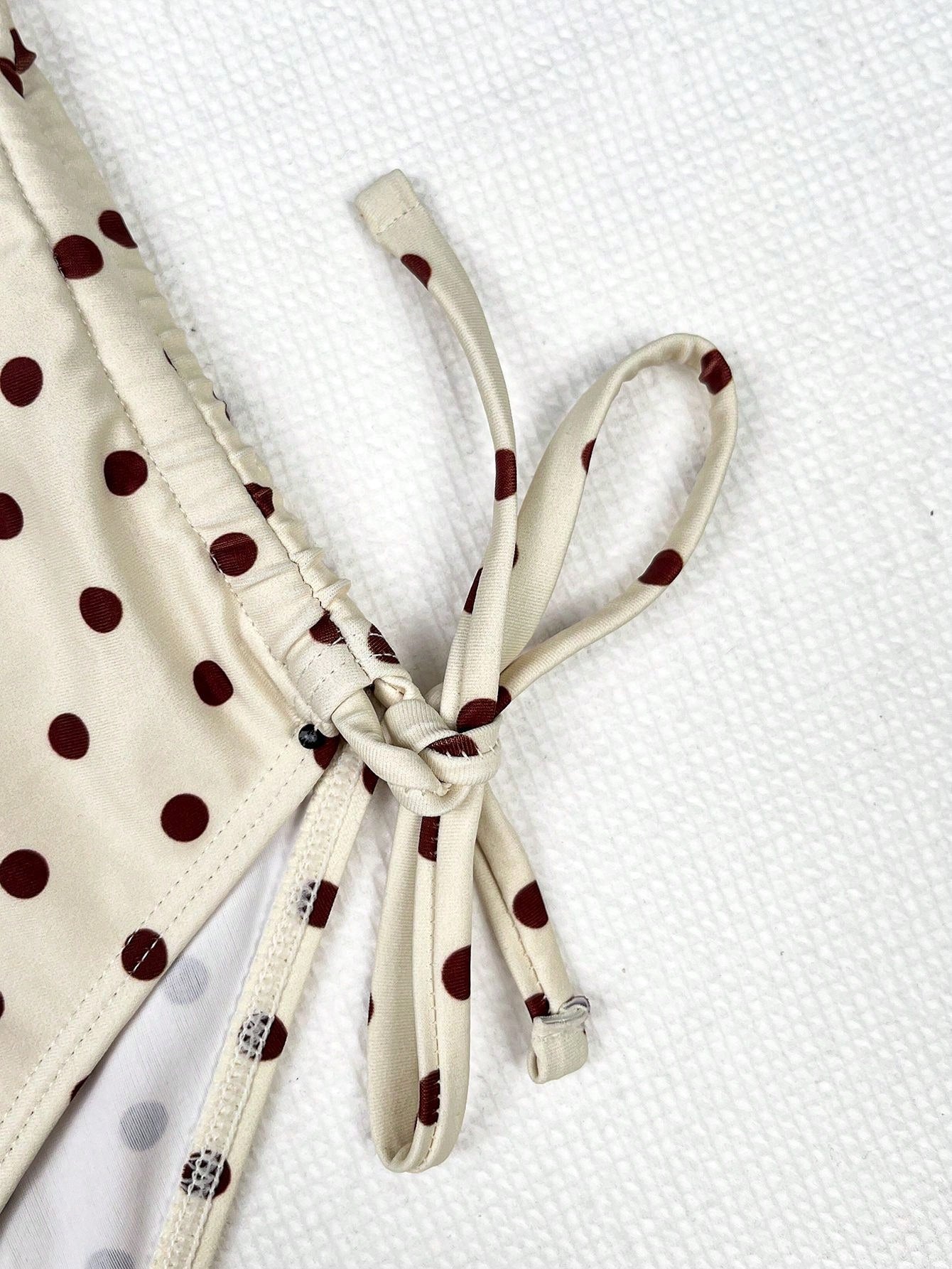 Elegant Sexy Brown Polka Dot V-Neck One-Piece Swimsuit, White, Casual Spring/Summer Beach Resort Pool Party Fashionable Swimwear Vacation