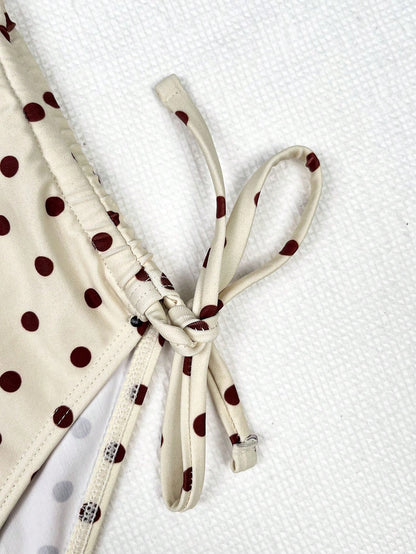 Elegant Sexy Brown Polka Dot V-Neck One-Piece Swimsuit, White, Casual Spring/Summer Beach Resort Pool Party Fashionable Swimwear Vacation