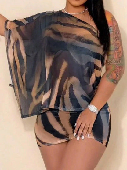 Elegant Sexy Women's Asymmetric Neck Leopard Print 2 Pieces Set, Casual Party Wear Vacation, Chic & Elegant