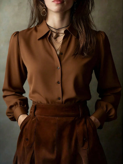 Elegant Solid Color Women's Long Sleeve Shirt, Versatile Casual Blouse For All Seasons